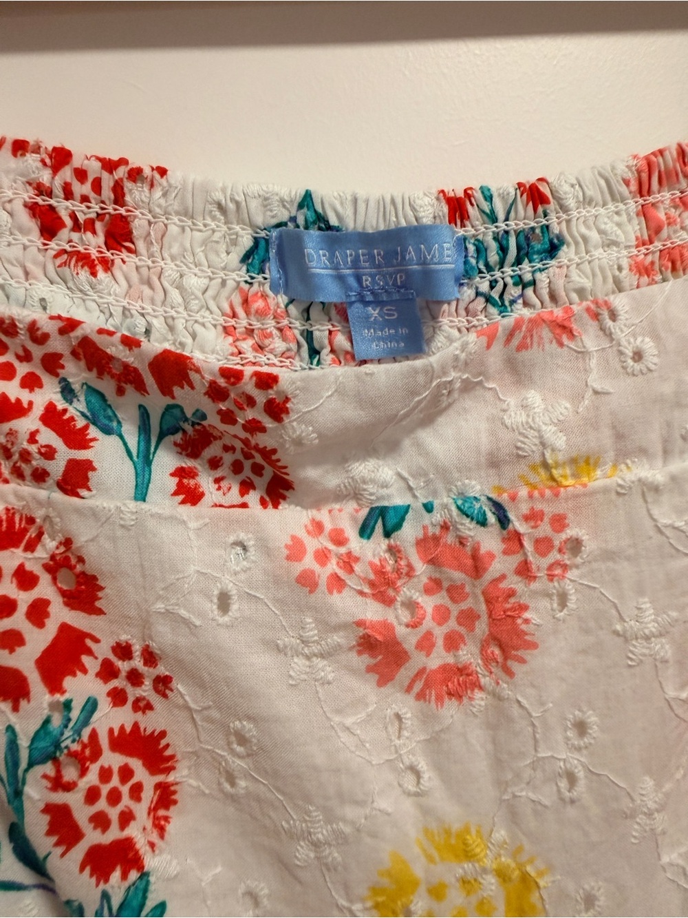 Eyelet Puff Sleeve Floral Square Neck Top - White with Multi Floral - Picture 2 of 7